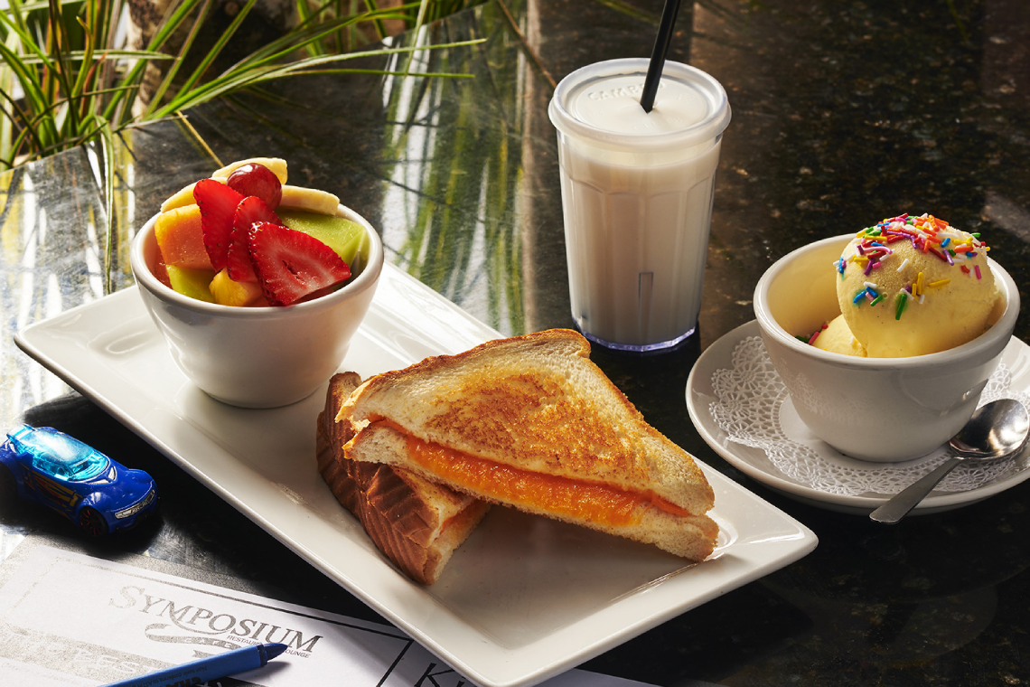 Kid's grilled cheese with fruit cup, sundae and milk